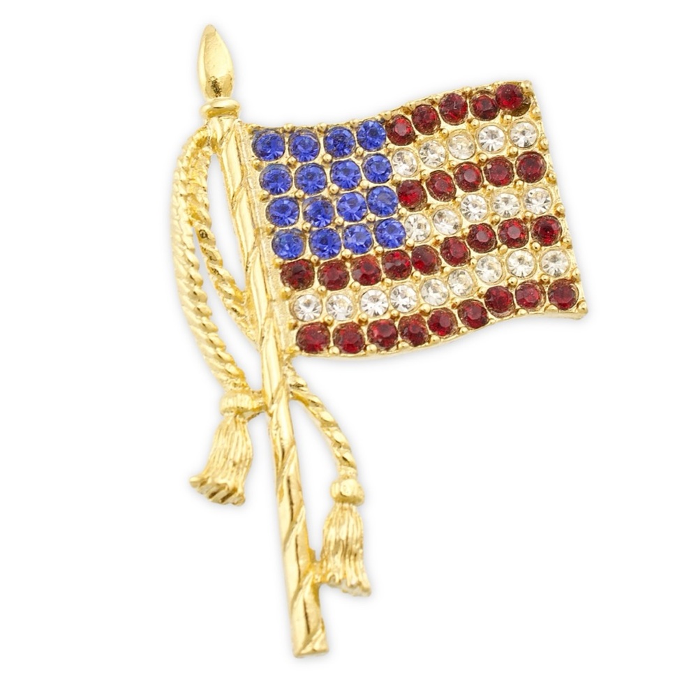Vintage American Flag Brooch Gold Plated with Red Blue Rhinestone Patriotic USA